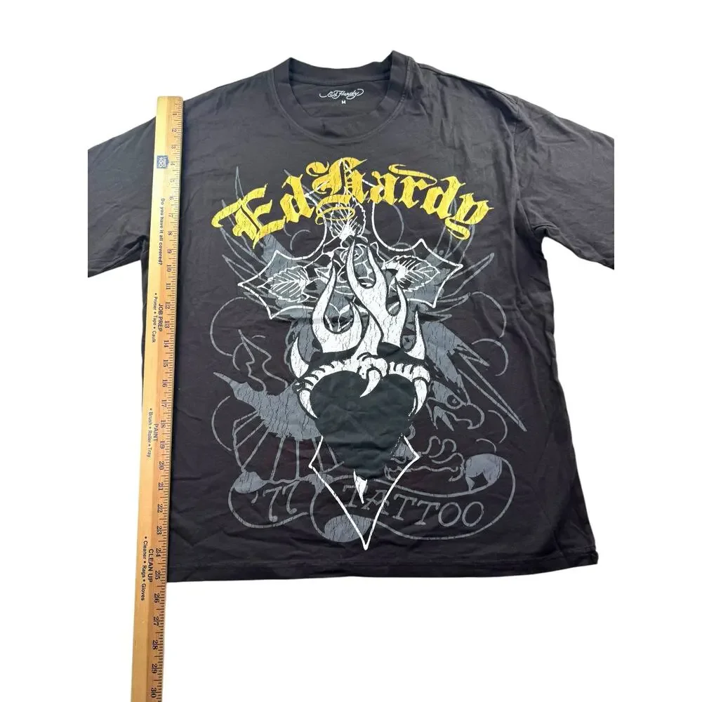 Ed Hardy Cross Heart Boxy T Shirt Archival Tattoo Mens M Black Short Sleeve Y2K